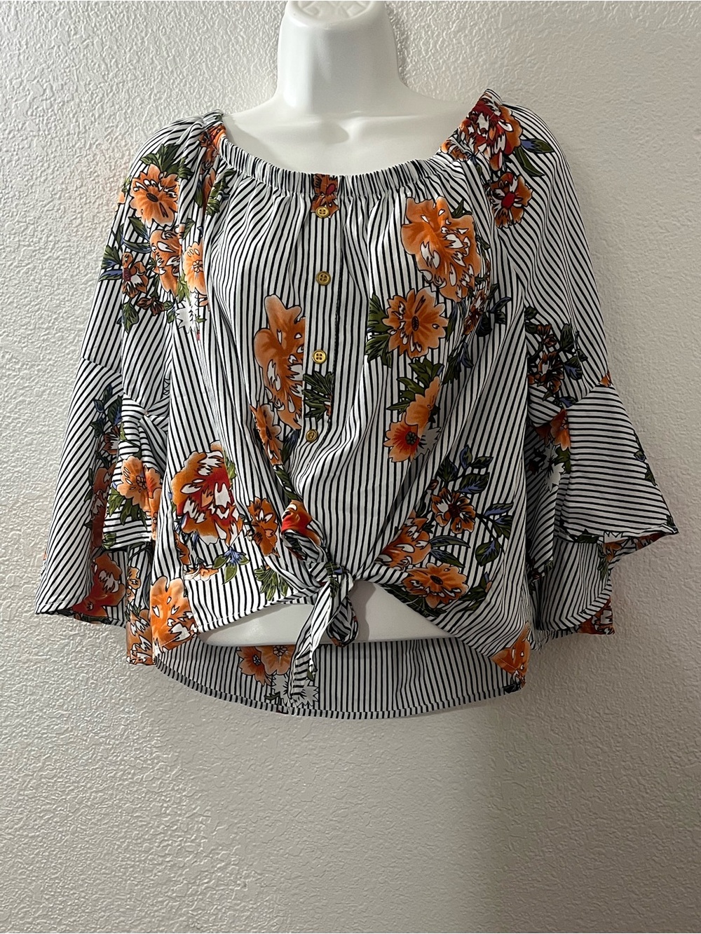 Striped Off-Shoulder Tie-Front Blouse with Orange Floral Print